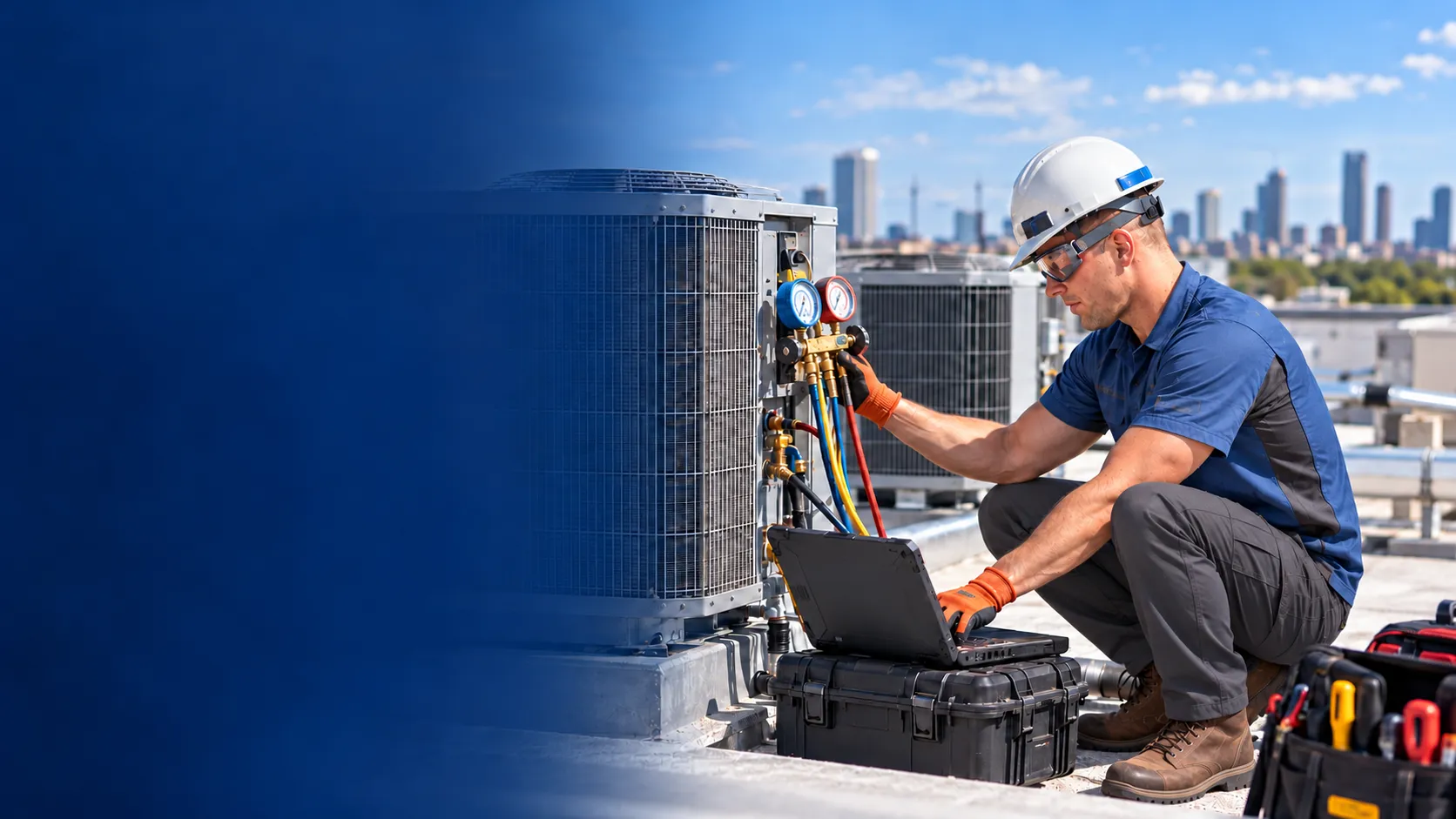 HVAC technician diagnosing rooftop equipment with gauges and field service software