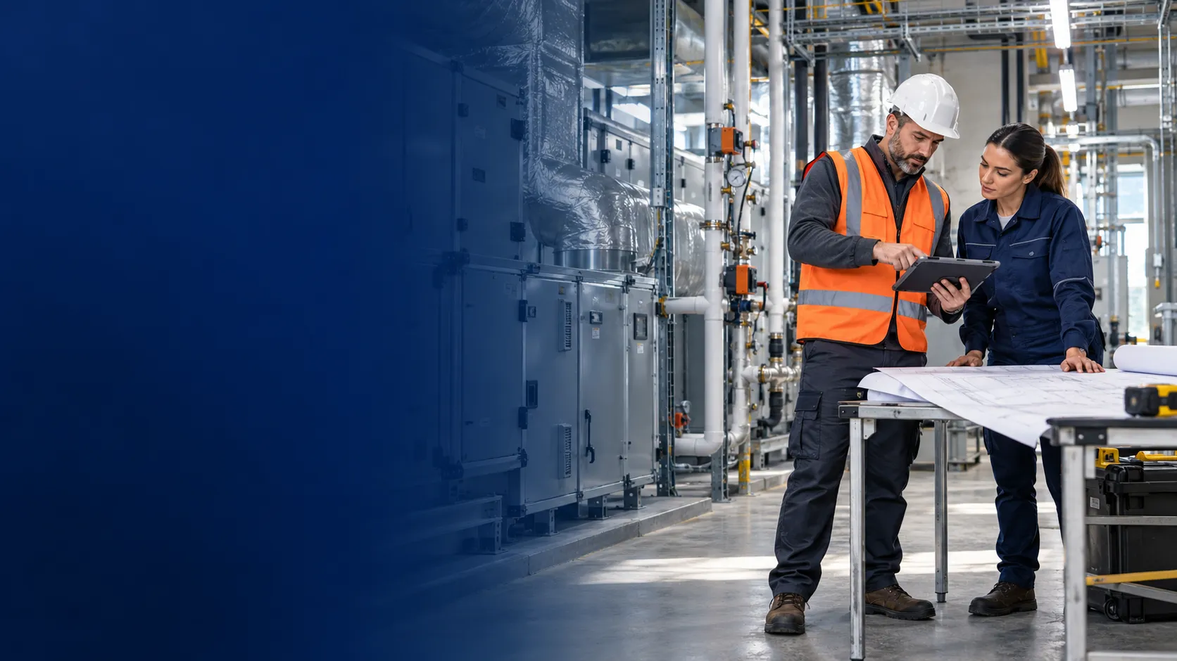 HVAC project team coordinating flexible workflows in a commercial mechanical room
