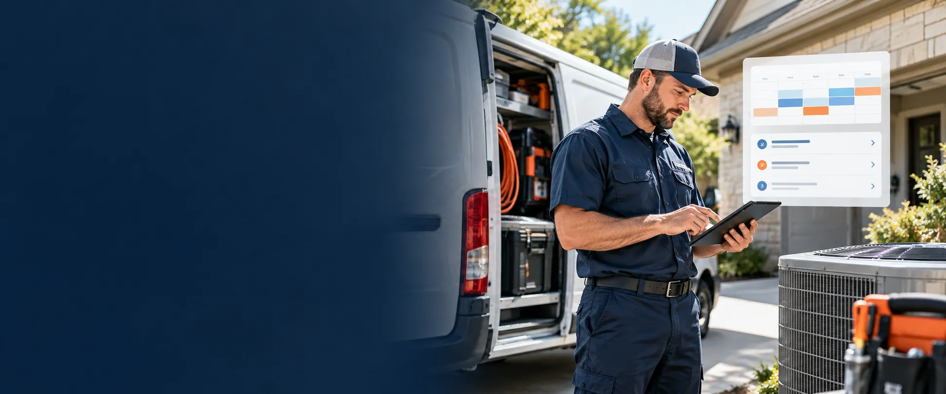HVAC technician using field service software beside a service vehicle