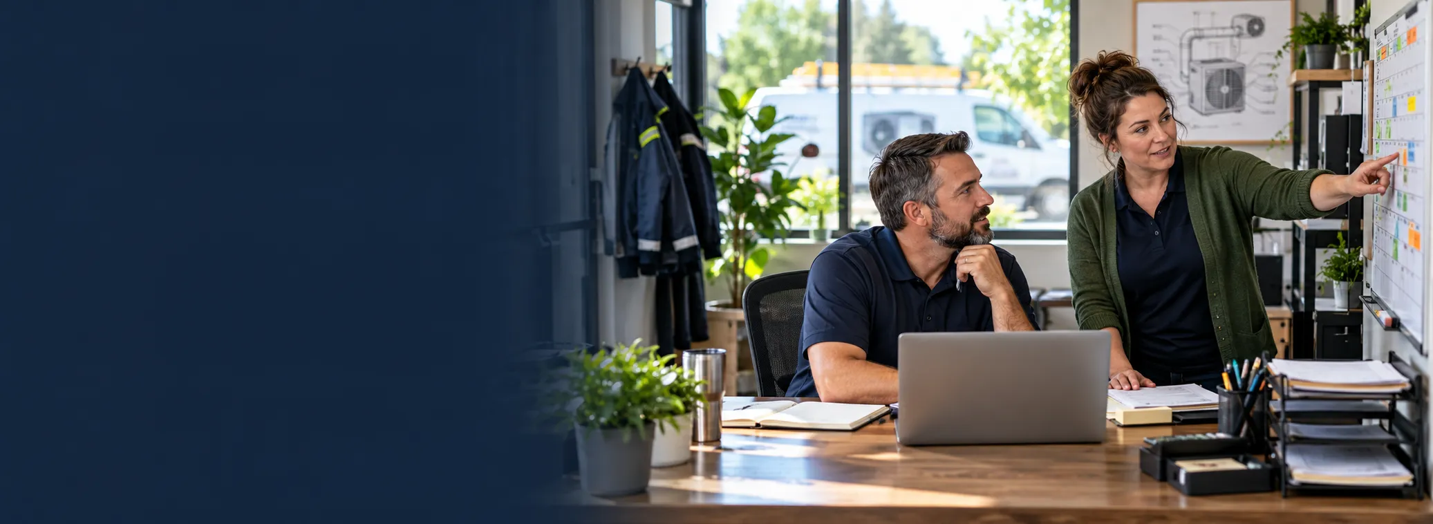 Small HVAC business owner and office coordinator organizing the service schedule