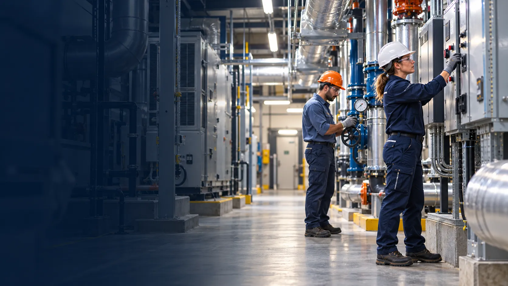 Two HVAC professionals inspecting equipment in a commercial mechanical plant